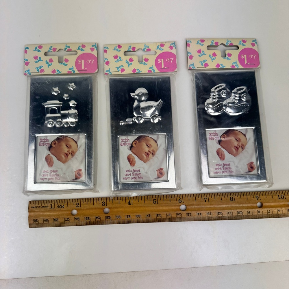 3 Vtg Small Baby Picture Photo Frame Silver Duck Shoes Train Stars 2x2inch READ